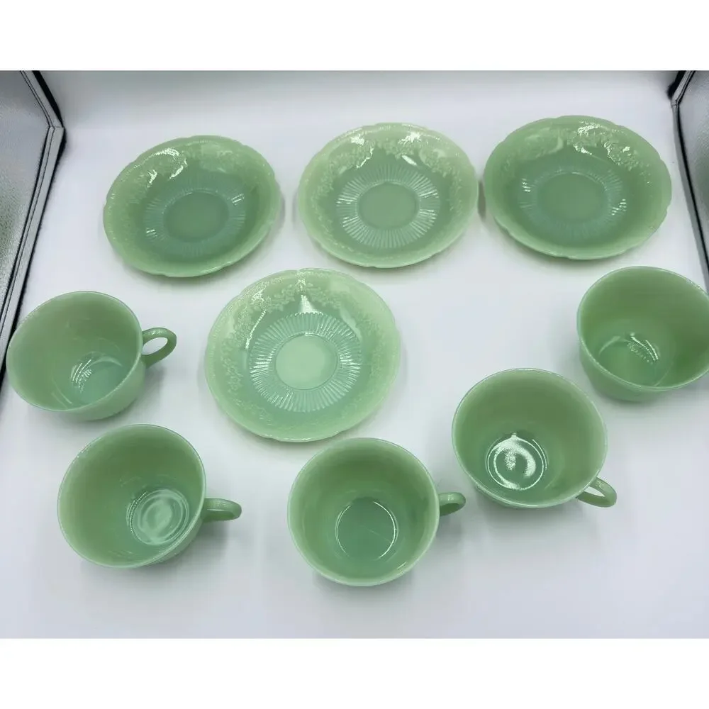Anchor Hocking Fire King ALICE Jadeite Coffee Tea Cup & Saucer 9pc Lot